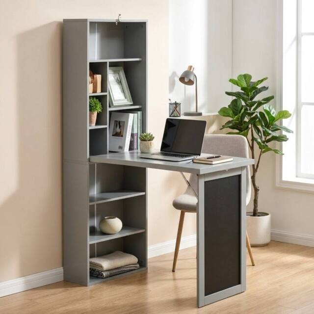STILVORA Folding Convertible Desk with Blackboard & Shelves in Grey - image 1
