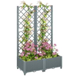 OUTSUNNY Plastic Planter Box with Trellis, Vegetable Planter w/ Drain Plugs in Grey - thumbnail 2