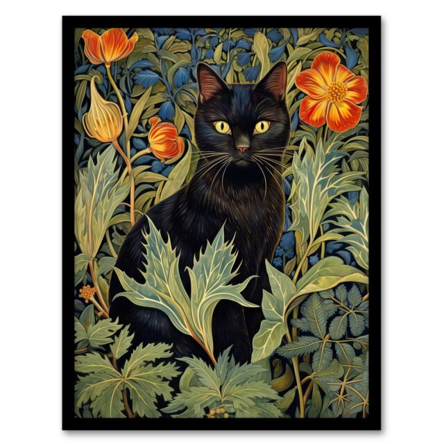 Artery8 Wall Art Print Black Cat In Wildflower Field Stylised Painting Teal Green Orange Floral Animal Portrait Art Framed - Size: A4 - image 1