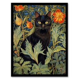 Artery8 Wall Art Print Black Cat In Wildflower Field Stylised Painting Teal Green Orange Floral Animal Portrait Art Framed - Size: A4 - thumbnail 1