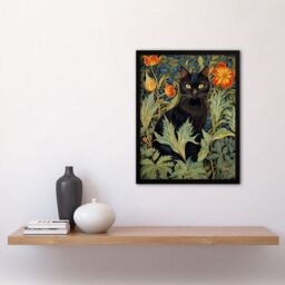 Artery8 Wall Art Print Black Cat In Wildflower Field Stylised Painting Teal Green Orange Floral Animal Portrait Art Framed - Size: A4 - thumbnail 4