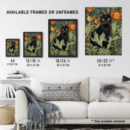 Artery8 Wall Art Print Black Cat In Wildflower Field Stylised Painting Teal Green Orange Floral Animal Portrait Art Framed - Size: A4 - thumbnail 3
