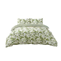 Snug City Duvet Cover & Pillowcase Set Reversible Leaf & Stripe Design Polycotton Bed Linen in Green - Size: Single - thumbnail 2