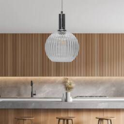 First Choice Lighting Betchley - Clear Ribbed Glass Globe Chrome Deco Pendant Fitting - thumbnail 3