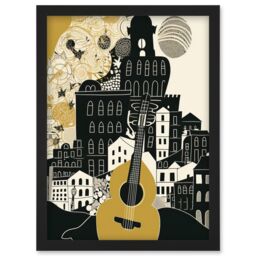 Artery8 Edinburgh Cityscape Fringe Festival Guitar Linocut Artwork Framed Wall Art Print A4 in Black - thumbnail 1