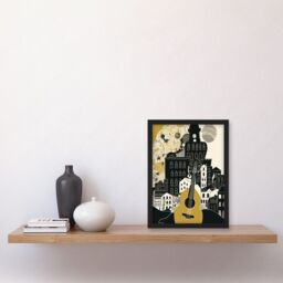 Artery8 Edinburgh Cityscape Fringe Festival Guitar Linocut Artwork Framed Wall Art Print A4 in Black - thumbnail 2