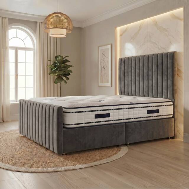 "Somnior Eleanor Velvet Divan Bed Mattress No Draw 54"" Headboard 22"" Footboard in Charcoal - Size: Small Double" - image 1