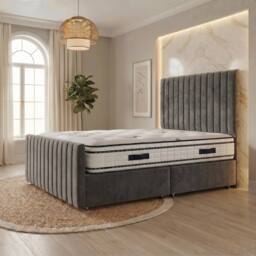 "Somnior Eleanor Velvet Divan Bed Mattress No Draw 54"" Headboard 22"" Footboard in Charcoal - Size: Small Double" - thumbnail 1