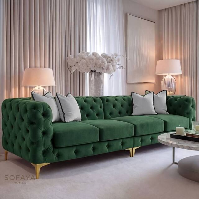 Sofaya Monaco Chesterfield 4 Seater Sofa Couch Velvet Cushions Chaise in Green - Size: 4 Person - image 1