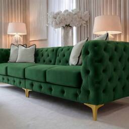 Sofaya Monaco Chesterfield 4 Seater Sofa Couch Velvet Cushions Chaise in Green - Size: 4 Person - thumbnail 3