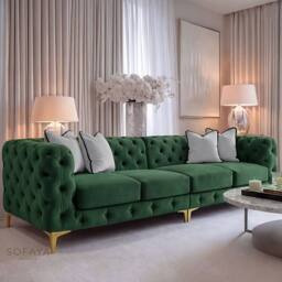 Sofaya Monaco Chesterfield 4 Seater Sofa Couch Velvet Cushions Chaise in Green - Size: 4 Person