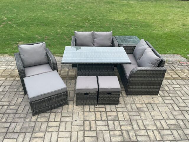 Fimous 8 Seater Rattan Furniture Garden Dining Set Outdoor Height Adjustable Rising lifting Table Love Sofa Chair With Side Table in Dark Grey - image 1