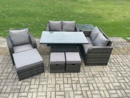 Fimous 8 Seater Rattan Furniture Garden Dining Set Outdoor Height Adjustable Rising lifting Table Love Sofa Chair With Side Table in Dark Grey - thumbnail 2