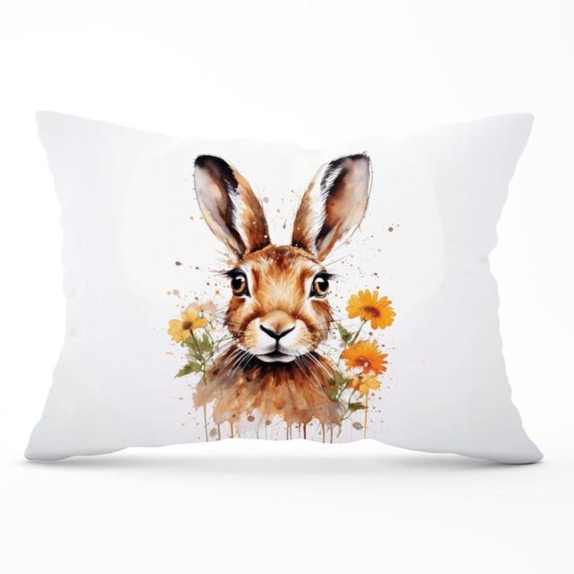 Warren Reed - Designer Watercolour Hare & Daisies Cushions in Orange - Size: 60 cm x 60 cm - image 1