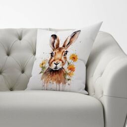 Warren Reed - Designer Watercolour Hare & Daisies Cushions in Orange - Size: 60 cm x 60 cm - thumbnail 2
