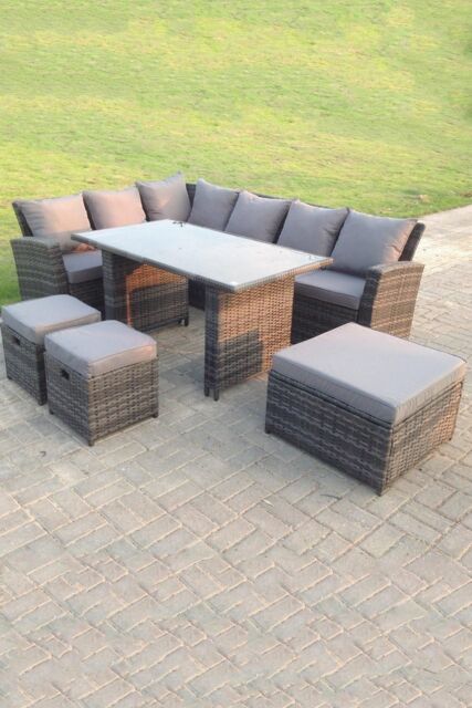 Fimous 9 Seater High Back Rattan Set Corner Sofa With Black Tempered Dining Table 3 Footstools in Dark Grey - image 1