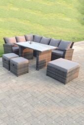 Fimous 9 Seater High Back Rattan Set Corner Sofa With Black Tempered Dining Table 3 Footstools in Dark Grey - thumbnail 2