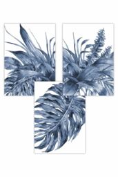 ARTZE Set of 3 Tropical Leaves Navy Blue Abstract Art Posters - Size: W50 cm x H70 cm - thumbnail 1