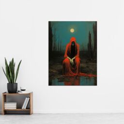 "Artery8 Wall Art Print Charon in Red Cloak Beksinski Inspired Conceptual Artwork Full Moon Barren Landscape Poster in Dark Blue - Size: W12"" x H16""" - thumbnail 2