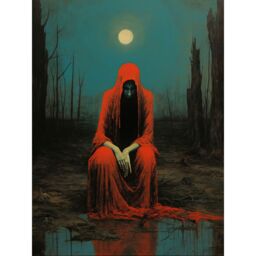 "Artery8 Wall Art Print Charon in Red Cloak Beksinski Inspired Conceptual Artwork Full Moon Barren Landscape Poster in Dark Blue - Size: W12"" x H16""" - thumbnail 1