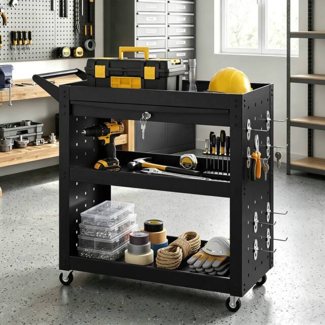 HOMCOM 3-Tier Shelf Storage Trolley Wheel Cart with Lockable Wheels Black - image 1