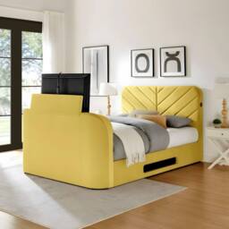PARADISE BEDS LTD Royal View Velvet Upholstered Smart TV Bed Set - Plush Velvet in Yellow - Size: Small Double
