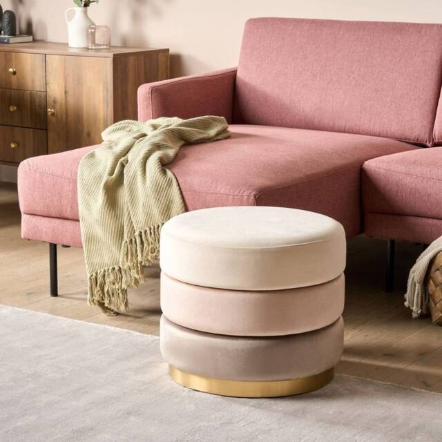 Wyld and Coco Ombre Beige Velvet Footstool Round 48 x 48 cm Gold Base - image 1