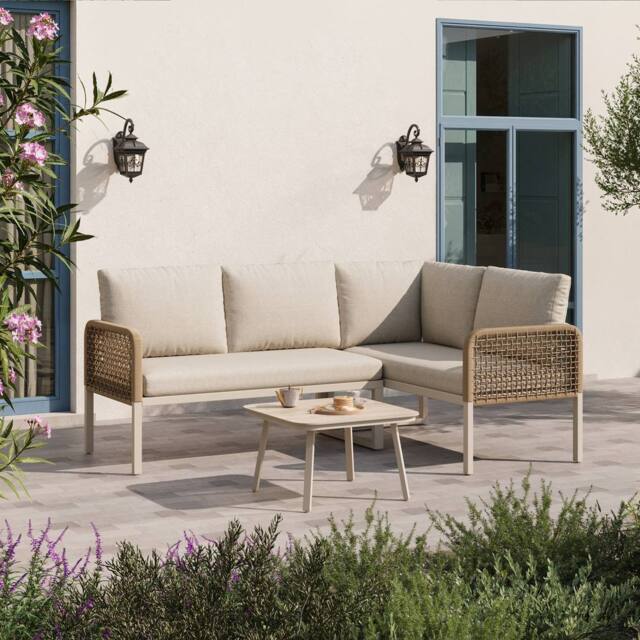 Matteo Beige 4-Seater Convertible Rope Garden Sofa Set & Glass Table - image 1