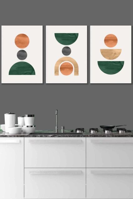 ARTZE Set of 3 White Framed Mid Century Graphical Shapes in Green Orange Yellow Wall Art - Size: W33 cm x H45 cm x D20mm - image 1