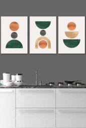 ARTZE Set of 3 White Framed Mid Century Graphical Shapes in Green Orange Yellow Wall Art - Size: W33 cm x H45 cm x D20mm - thumbnail 1