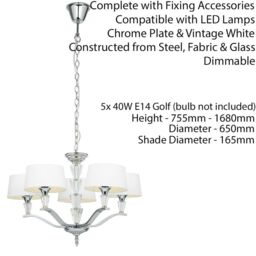 Loops 5 Light Ceiling Pendant CHROME & VINTAGE WHITE Round Shade Hanging Feature Lamp - thumbnail 2