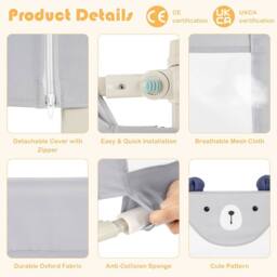 Costway 175CM Cute Baby Bed Rail Guard Toddler Infant Security Guardrail W/ Double Lock in Grey - thumbnail 3