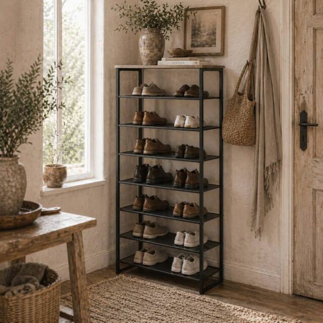 Wyld Haus Malo 8 Tier Metal Shoe Rack with Mesh Shelves Black with Grey Top - image 1