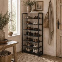 Wyld Haus Malo 8 Tier Metal Shoe Rack with Mesh Shelves Black with Grey Top