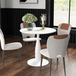 HOMCOM Round Dining Table, Modern Kitchen Table with Steel Base in White - thumbnail 1