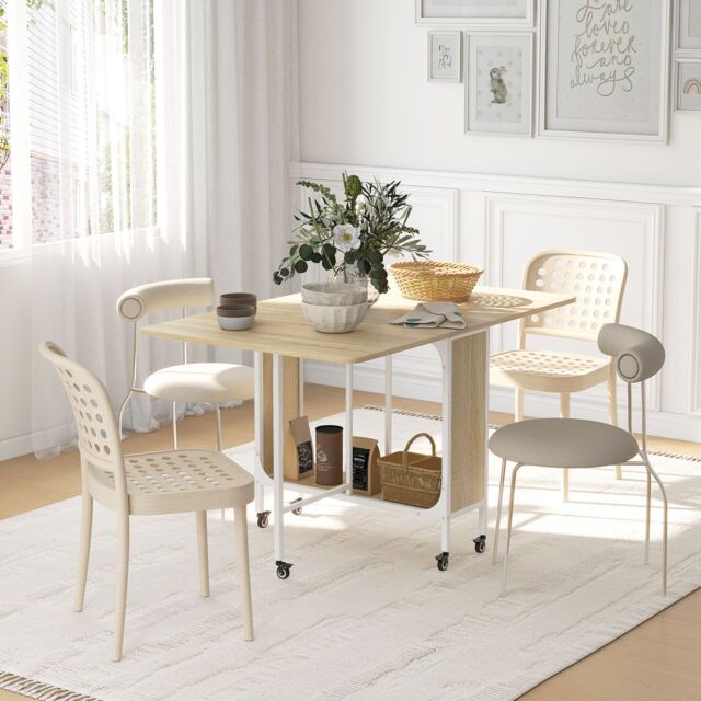 HOMCOM Mobile Drop Leaf Dining Table on Wheels with Storage Shelf in Yellow - image 1