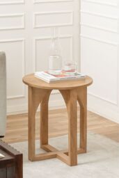 MH London Solid Mango Wood Round Side Table, Bedside End Table with Arched X-Base for Living Room & Bedroom - Viera in Natural