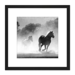 Artery8 Horses Running Mist Black White 8X8 Inch Square Wooden Framed Wall Art Print Picture with Mount - thumbnail 1