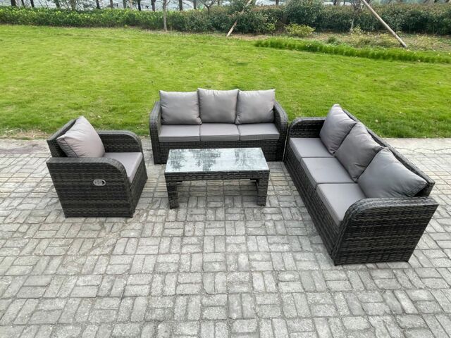 Fimous Patio Garden Furniture Sets 7 Seater Wicker Outdoor Rattan Furniture Sofa Sets with Rectangular Coffee Table Reclining Chair in Dark Grey - image 1