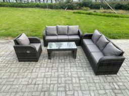 Fimous Patio Garden Furniture Sets 7 Seater Wicker Outdoor Rattan Furniture Sofa Sets with Rectangular Coffee Table Reclining Chair in Dark Grey - thumbnail 1