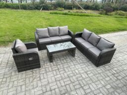 Fimous Patio Garden Furniture Sets 7 Seater Wicker Outdoor Rattan Furniture Sofa Sets with Rectangular Coffee Table Reclining Chair in Dark Grey - thumbnail 2