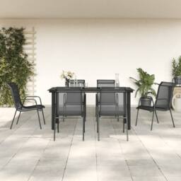 Berkfield Home 7 Piece Garden Dining Set Black Steel & Textilene - thumbnail 1