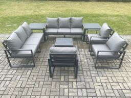 Fimous Aluminium Outdoor Garden Furniture Set Patio Lounge Sofa with Square Coffee Table 3 Armchairs 2 Side Tables Dark Grey - thumbnail 1