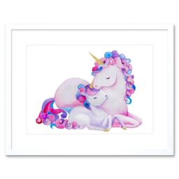 "Artery8 Wall Art Print Unicorn Mother & Daughter Art Framed 9x7 inch in White - Size: W7"" x H9""" - thumbnail 1