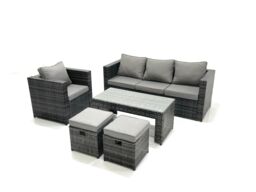 Fimous Rattan Garden Furniture Set Outdoor Lounger Sofa with Coffee Table Armchair 2 Small Footstools Dark Grey Mixed - thumbnail 2