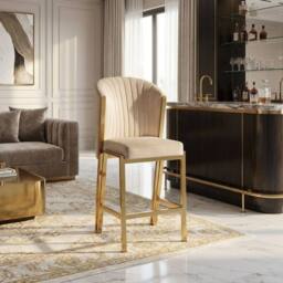 HOME LUXE INTERIOR Fabio Beige Velvet Barstool with Gold Frame - Luxury Breakfast Stool - thumbnail 3
