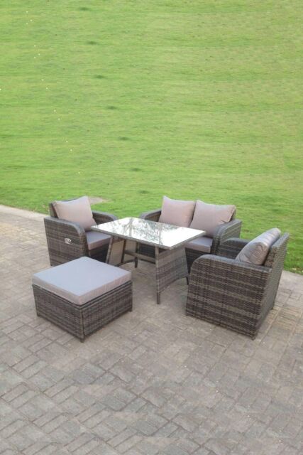 Fimous Rattan Garden Furniture Set Adjustable Chair Sofa Double Love Seat 2 Seater Sofa Rectangular Dining Table Big Footstool in Dark Grey - image 1