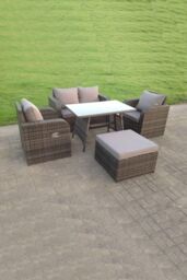 Fimous Rattan Garden Furniture Set Adjustable Chair Sofa Double Love Seat 2 Seater Sofa Rectangular Dining Table Big Footstool in Dark Grey - thumbnail 2