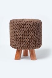 Homescapes Tall Cotton Knitted Footstool on Legs in Chocolate