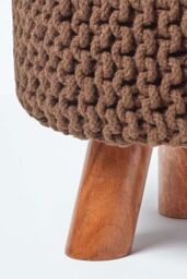 Homescapes Tall Cotton Knitted Footstool on Legs in Chocolate - thumbnail 4